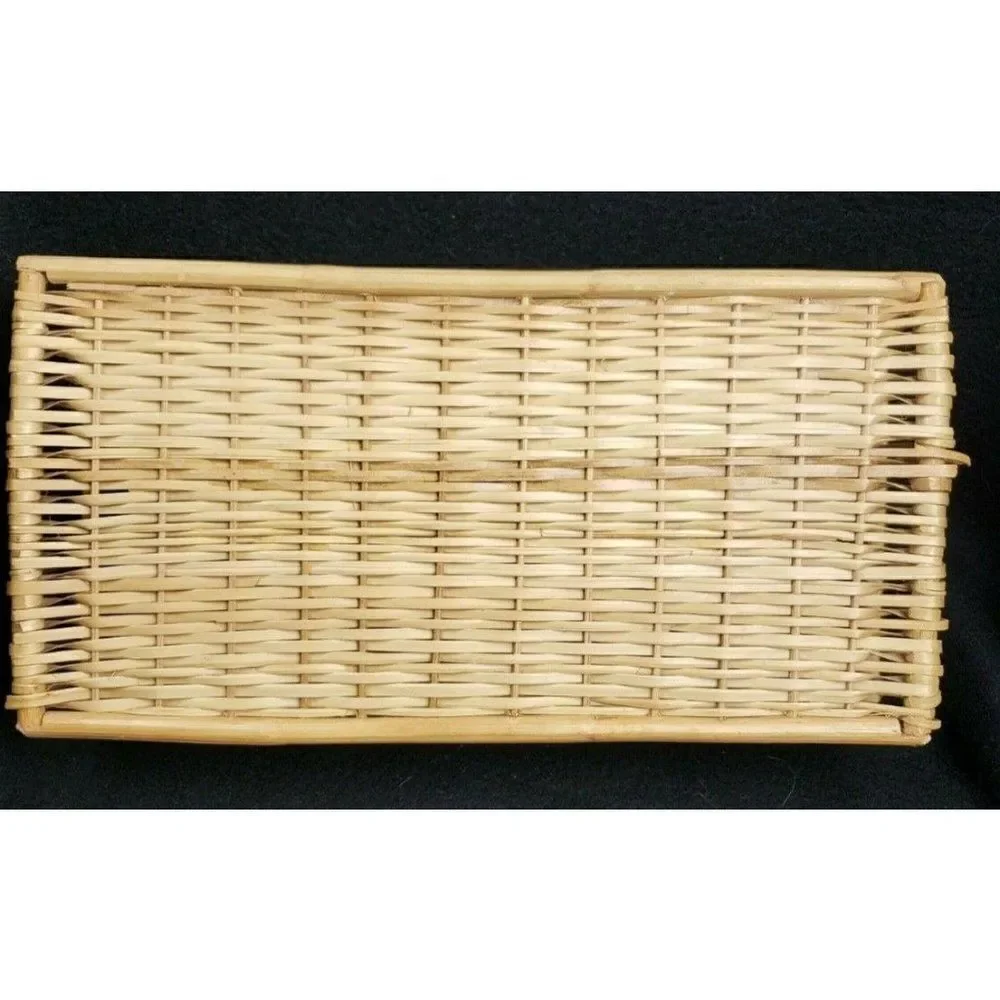 Boho Vintage 70s Wicker Rattan Wood Tissue Holder Box Flowers Cottagecore Decor
